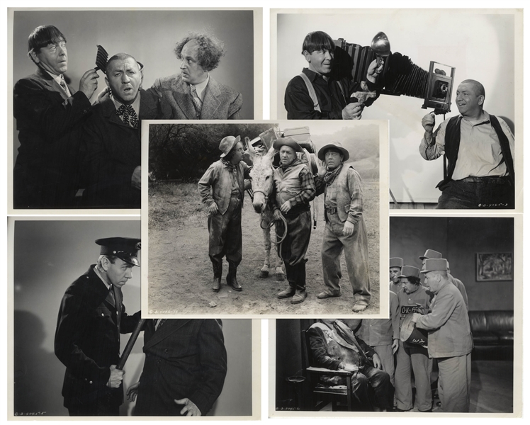 Lot of Five 10 x 8 Glossy Photos From the 1946 Three Stooges Films The Three Troubledoers & Beer Barrel Polecats -- Very Good Plus Condition